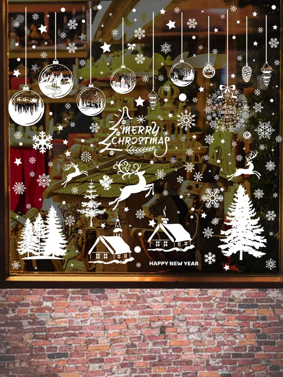 1set Of 9 Snow House Christmas Window Stickers - White - View 1