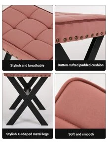 Fabric Upholstered Square Footstool, Modern Tufted Stool Square Ottoman with Metal X-Base, Suitable for Patio Bedroom Living Room Entryway-Pink - Pink - View 6