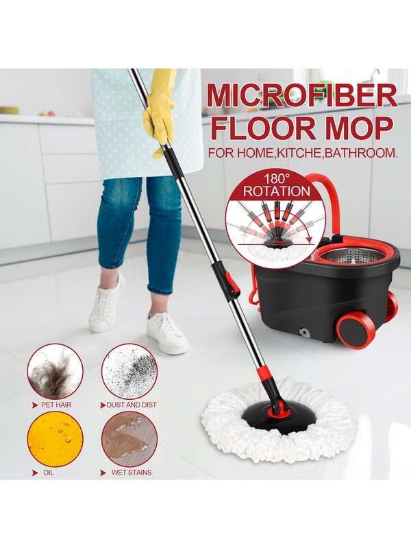 Mop and Bucket Set, 360° Spin Mop and Bucket with Wringer Set on Wheels