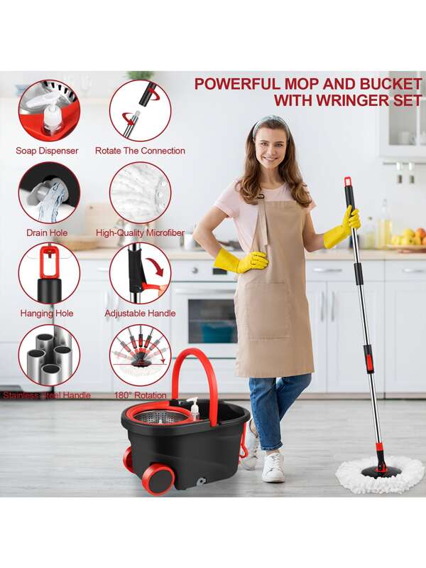 Mop and Bucket Set, 360° Spin Mop and Bucket with Wringer Set on Wheels