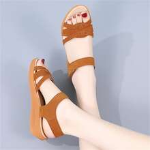 女性夏天2023新款韓語風格學生休閒涼鞋女性百搭坡跟跟厚鞋底涼鞋 - 棕色 - 查看 6