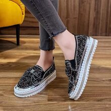 Women's Platform Rhinestones Glitter Slip On Comfort Flat Loafer Casual Shoes - màu đen - Xem 2