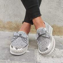 Women's Platform Rhinestones Glitter Slip On Comfort Flat Loafer Casual Shoes - 銀色 - 查看 3