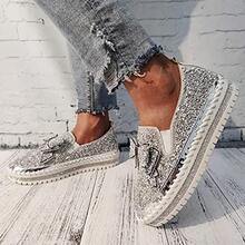 Women's Platform Rhinestones Glitter Slip On Comfort Flat Loafer Casual Shoes - 銀色 - 查看 4