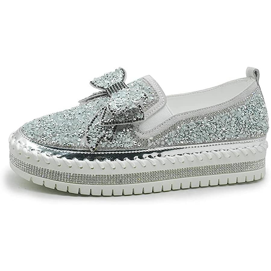 Women's Platform Rhinestones Glitter Slip On Comfort Flat Loafer Casual Shoes - 銀色 - 查看 1