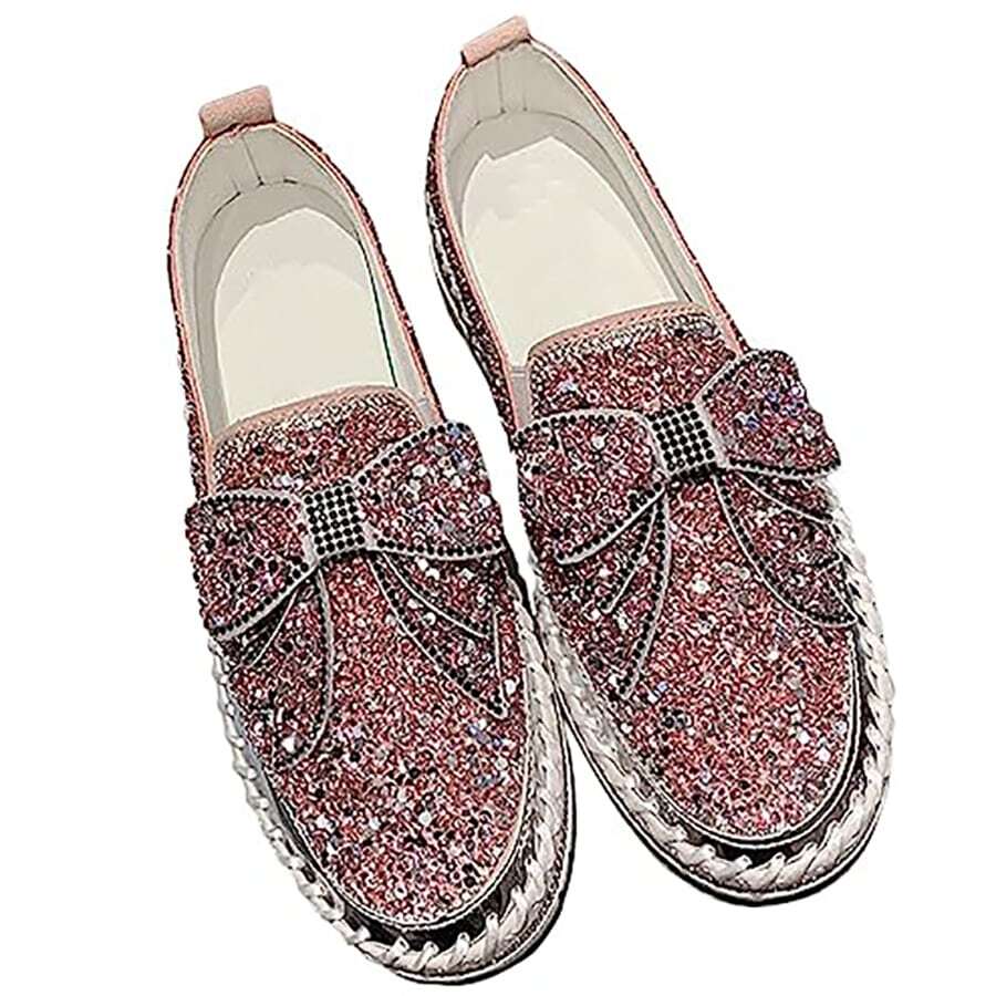 Women's Platform Rhinestones Glitter Slip On Comfort Flat Loafer Casual Shoes - 粉色 - 查看 1