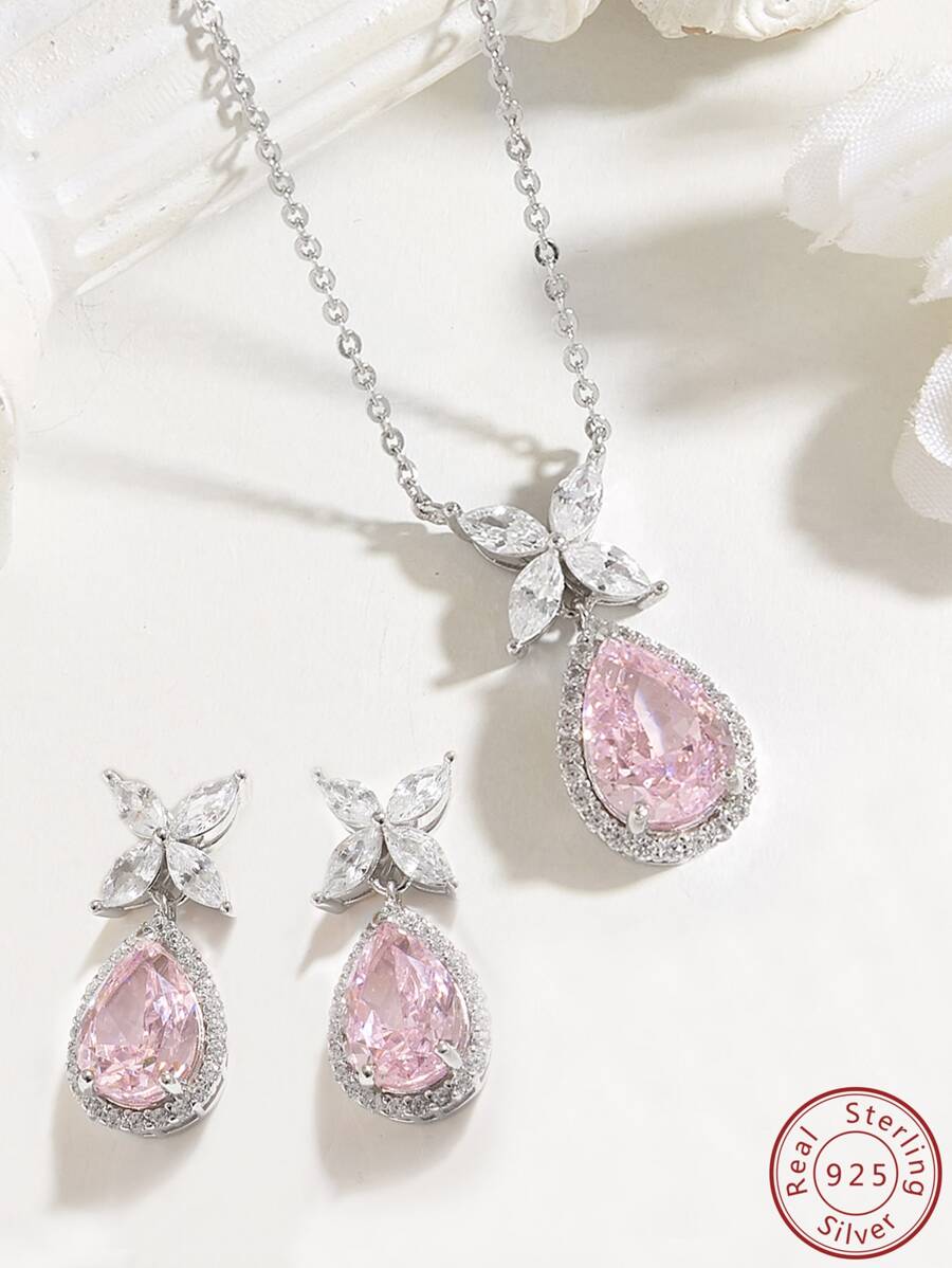 Cici Color 1 set de collar y anillo de plata de ley S925 con colgante en forma de flor de hielo, mariposa y gota de agua con circonita cúbica, adecuado para uso diario, citas, viajes de las mujeres, con caja de regalo para San Valentín - Plateado - Ver 1