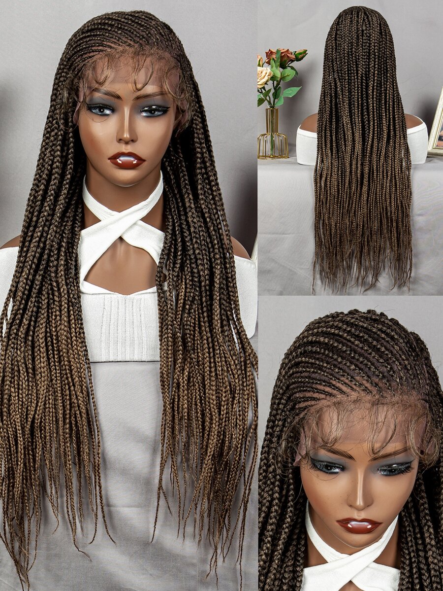 Gradient Light Brown Long Cornrow Braids Synthetic Lace Front Wig With 13*6 Lace Frontal And Slightly Angled Front Design - Ombre - View 1