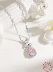 Cici Color 1 set de collar y anillo de plata de ley S925 con colgante en forma de flor de hielo, mariposa y gota de agua con circonita cúbica, adecuado para uso diario, citas, viajes de las mujeres, con caja de regalo para San Valentín - Plateado - Ver 4