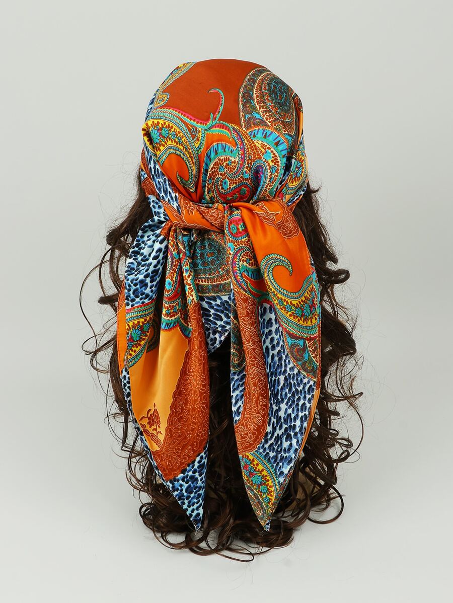 1 件月光丝链几何印花头巾围巾头巾、发带、头带非常适合装扮您的外观 - 橘色 - 查看 1