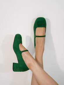 玛丽珍弹力带女鞋，新款粗跟低帮鞋，时尚女士户外鞋 - 綠色 - 查看 5