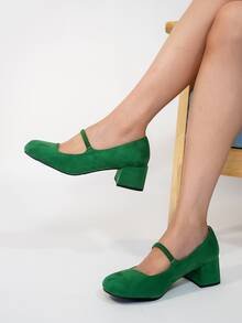 玛丽珍弹力带女鞋，新款粗跟低帮鞋，时尚女士户外鞋 - 綠色 - 查看 2