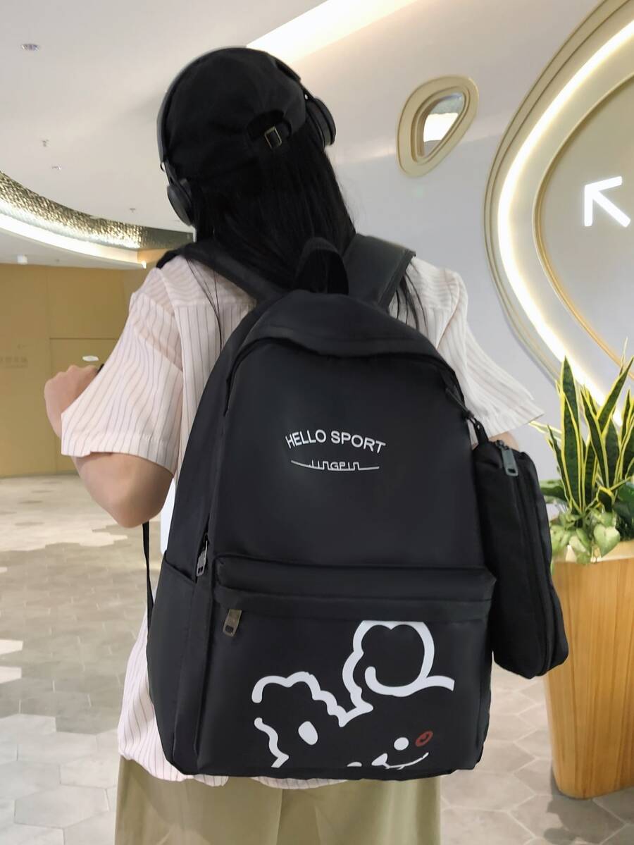 中學和高中學生用的學校背包,多色筆盒配件,大容量,防水耐磨 - 黑色 - 查看 1