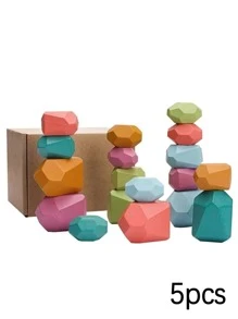 5入組木頭石頭設計建築模組彩色木製玩具堆疊機器平衡遊戲蒙特梭利（教育相關）益智玩具適用於兒童木頭石頭形狀建築模組玩具 - 彩色 - 查看 1