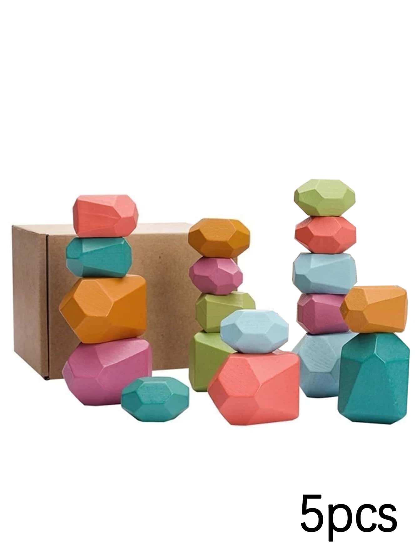 5入組木頭石頭設計建築模組彩色木製玩具堆疊機器平衡遊戲蒙特梭利（教育相關）益智玩具適用於兒童木頭石頭形狀建築模組玩具 - 彩色 - 查看 1