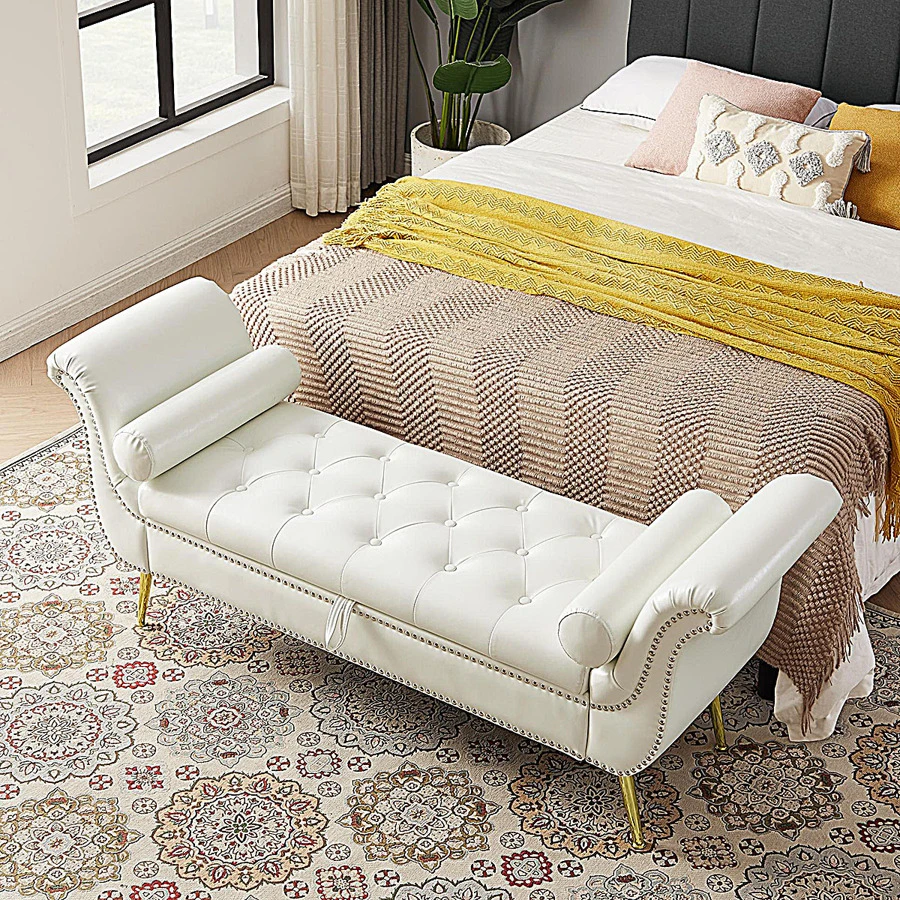 PU Leather, Metal Feet Upholstered Ottoman Bedroom Lounge Ottoman Flip Top Storage Sofa Bench