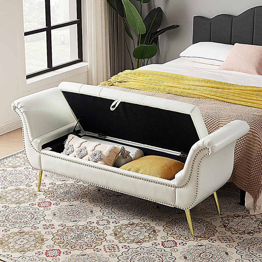 PU Leather, Metal Feet Upholstered Ottoman Bedroom Lounge Ottoman Flip Top Storage Sofa Bench