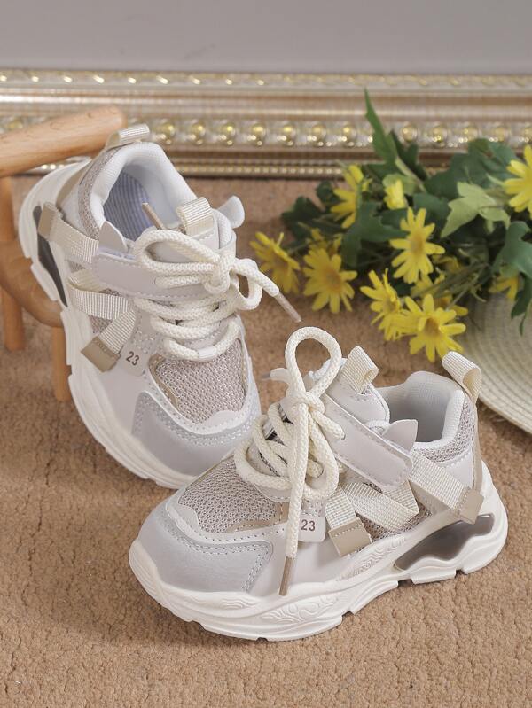 Girls' Colorblock Thick Sole Sneakers With Front Lace-up For Sports, Casual Wear & Comfort