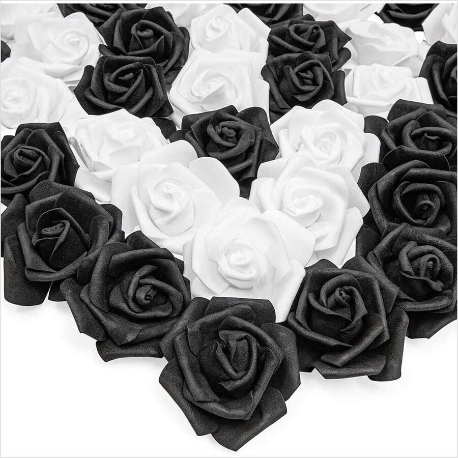Stemless Foam Flowers, 3" Black and White Roses Artificial for DEcoor - Black - View 1