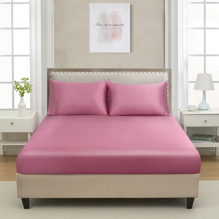 1pc Plain Satin Fitted Sheet, Silky-Like Soft Smooth Bottom Sheet For Bedroom - French Pink - View 1