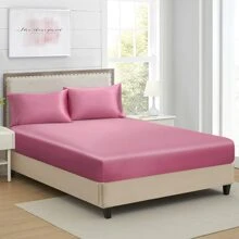 1pc Plain Satin Fitted Sheet, Silky-Like Soft Smooth Bottom Sheet For Bedroom - French Pink - View 2
