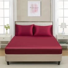 1pc Plain Satin Fitted Sheet, Silky-Like Soft Smooth Bottom Sheet For Bedroom - 酒紅色 - 查看 1