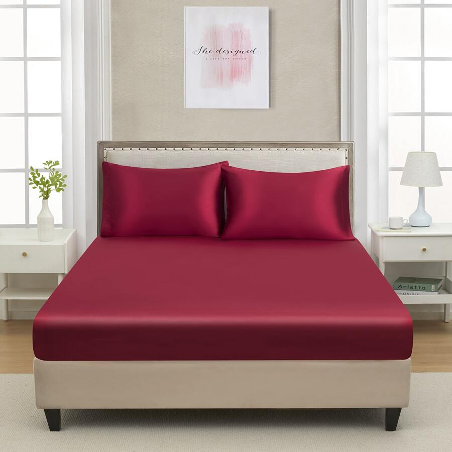 1pc Plain Satin Fitted Sheet, Silky-Like Soft Smooth Bottom Sheet For Bedroom - 酒紅色 - 查看 1