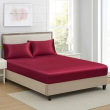 1pc Plain Satin Fitted Sheet, Silky-Like Soft Smooth Bottom Sheet For Bedroom - 酒紅色 - 查看 2