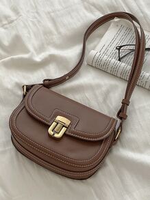 棕色的時尚女性馬鞍包帶翻蓋和針跡細節,斜肩包單肩包 - 棕色 - 查看 9