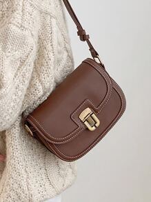 棕色的時尚女性馬鞍包帶翻蓋和針跡細節,斜肩包單肩包 - 棕色 - 查看 8