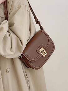 棕色的時尚女性馬鞍包帶翻蓋和針跡細節,斜肩包單肩包 - 棕色 - 查看 4