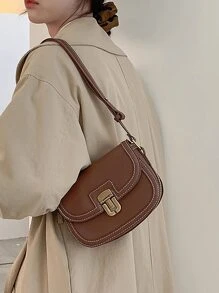 棕色的時尚女性馬鞍包帶翻蓋和針跡細節,斜肩包單肩包 - 棕色 - 查看 6