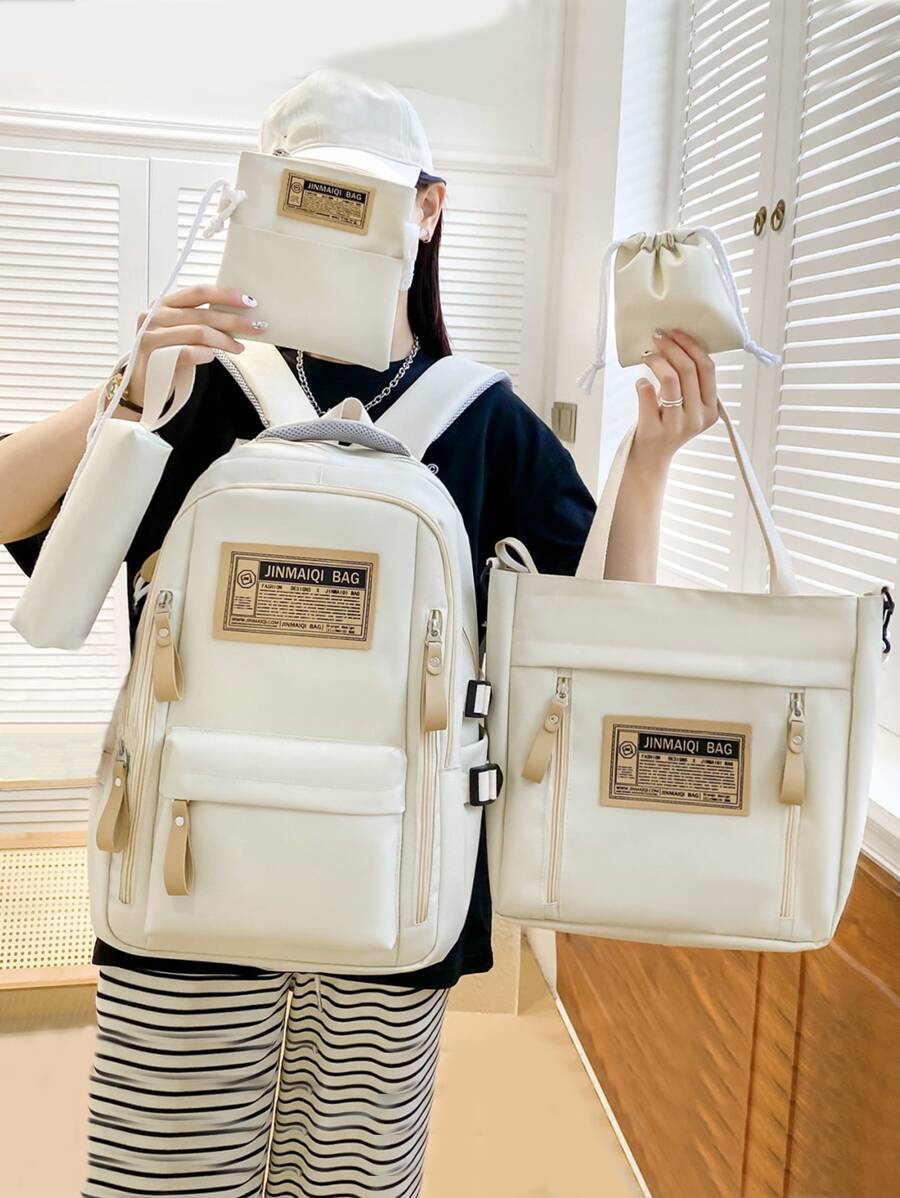 5 Piece Set Backpacks New Fashion School Bags For Teenage Girls Canvas Travel Women Backpack Female Student Shoulder Bag - White - View 1