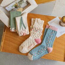 4 pairs of socks, women's mid-tube socks, spring and autumn long socks, winter forest tulip ladies, piles of socks, flower mid-length stockings - Multicolor - View 3