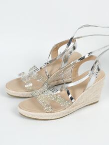 Women's Silver Wedge Sandals With Rhinestone Decoration And Straps - Clear - View 4