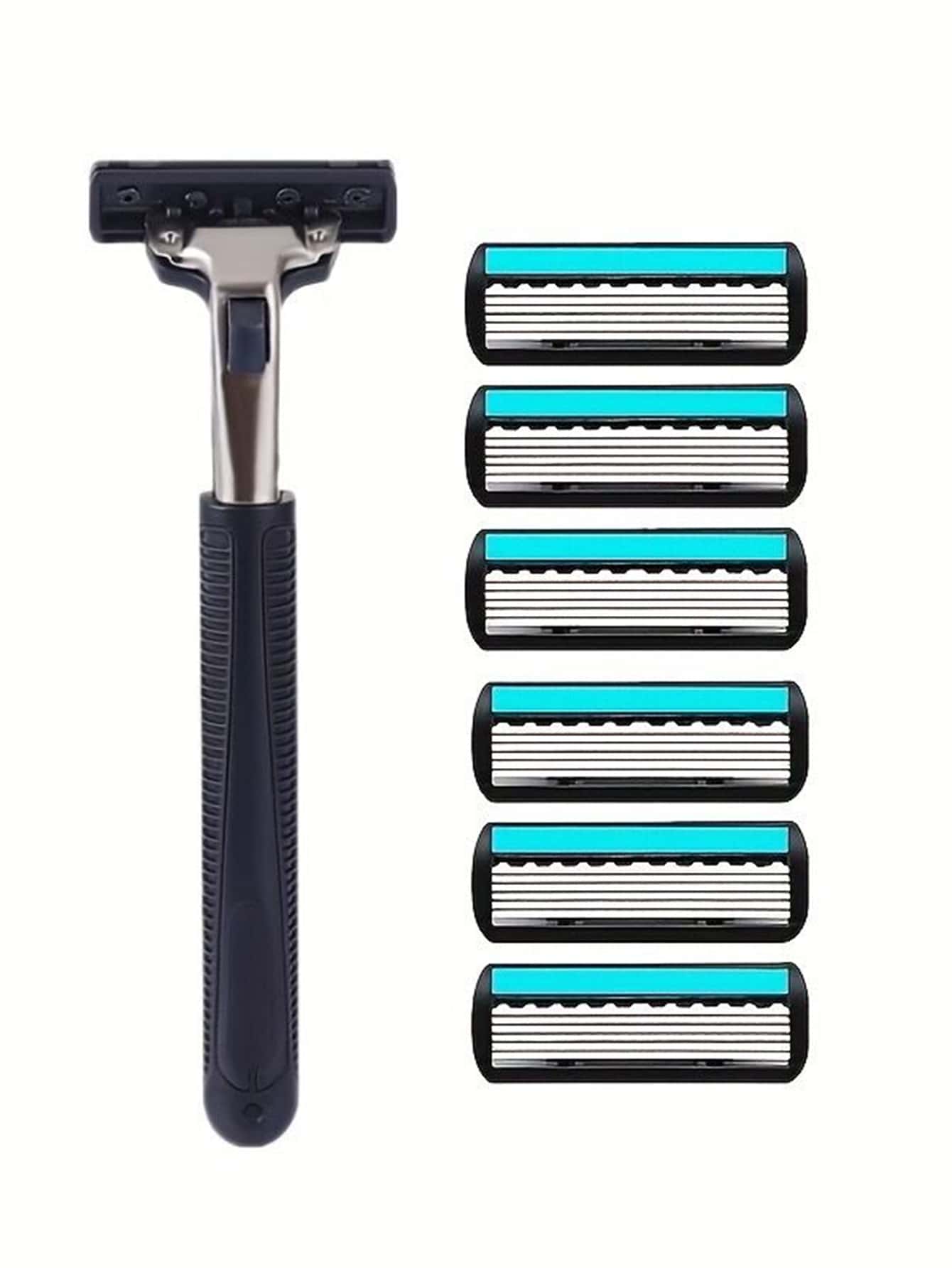 安全剃刀6層刀片剃鬚刀1刮胡刀手柄和6刮胡刀頭 - 黑色 - 查看 1
