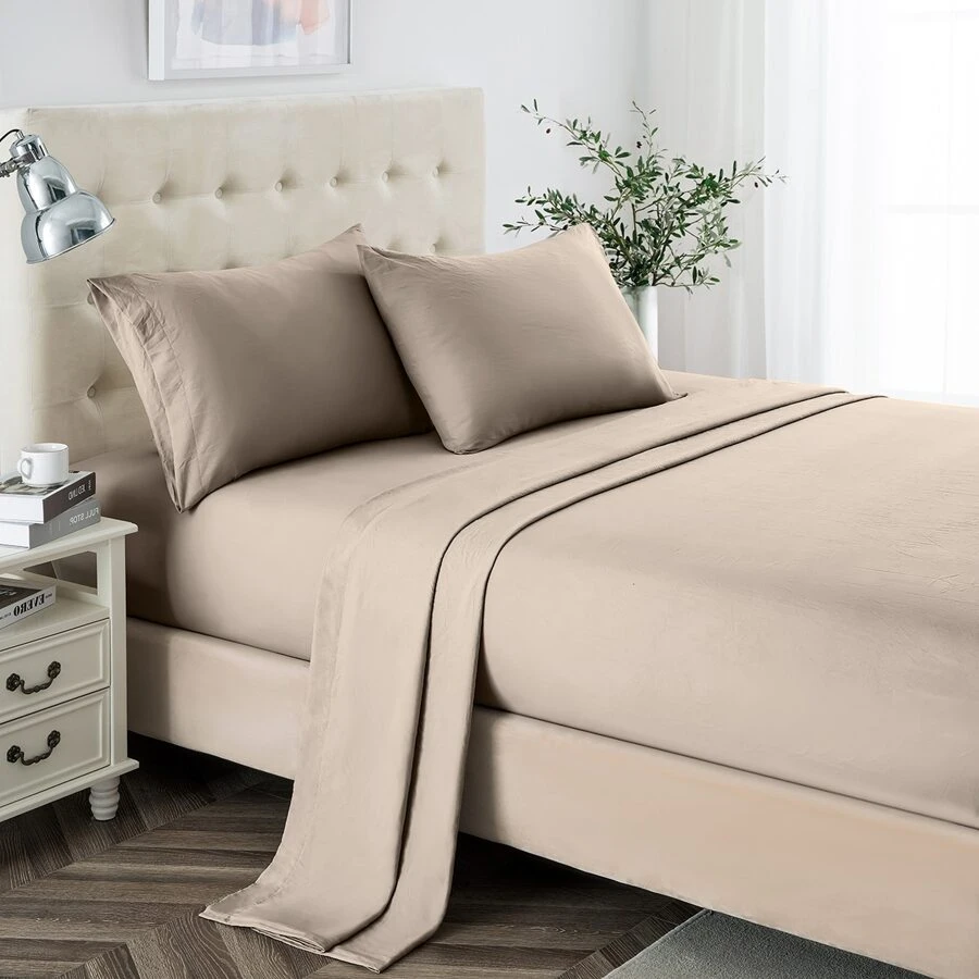 3pcs/4pcs Double Brushed Microfiber Bedding Sheet Sets, 2400 Soft Hotel Luxury Bed Sheets Twin/ Twin XL/ Full/ Queen/ King - 駝色 - 查看 1