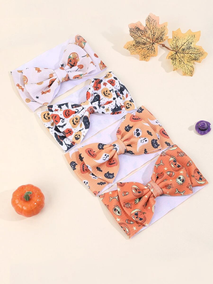 4入組嬰兒萬聖節主題髮帶帶南瓜&幽靈圖案和蝴蝶結裝飾用品 - 彩色 - 查看 1