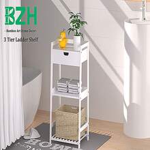 Bathroom Shelves, 3 Tier Ladder Shelf with Drawers, Bamboo Nightstand Open Shelving, Bookshelf Bookcase End Table Plant Stand for Living Room, Bedroom, Bathroom, Kitchen - White - View 3