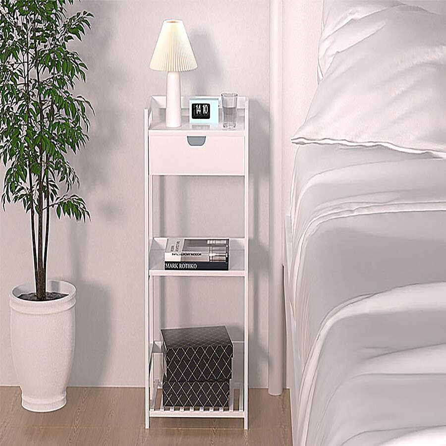 Bathroom Shelves, 3 Tier Ladder Shelf with Drawers, Bamboo Nightstand Open Shelving, Bookshelf Bookcase End Table Plant Stand for Living Room, Bedroom, Bathroom, Kitchen - White - View 1