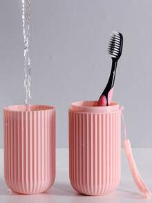 1pc 500ml Portable Cylinder-Shaped Toothbrush & Toothpaste Case With Striped Pattern, Including A Portable Cup & Toothbrush Holder With Handle, Suitable For Daily Use And Traveling - Pink - View 5