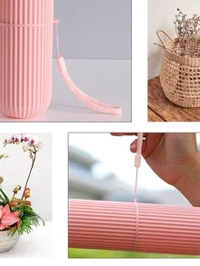 1pc 500ml Portable Cylinder-Shaped Toothbrush & Toothpaste Case With Striped Pattern, Including A Portable Cup & Toothbrush Holder With Handle, Suitable For Daily Use And Traveling - Pink - View 6