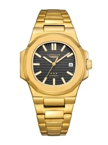 LONGLUX 1pc Automatic Mechanical Stainless Steel Strap Butterfly Buckle Wristwatch, Fashion Men Watch With Calendar