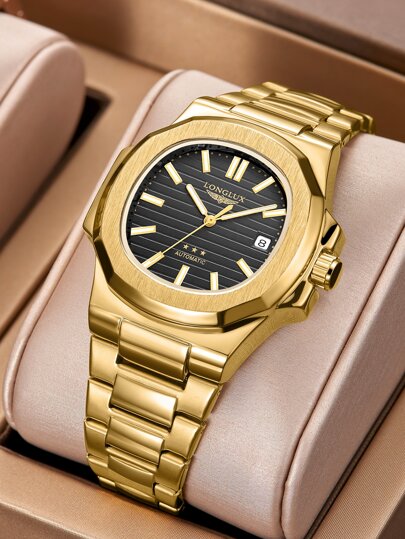 LONGLUX 1 st automatisk mekanisk rostfritt stålarmband med fjärilsspänne, moderiktig herrklocka med kalender