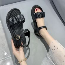 女士夏季2023新款系带拖鞋，沙滩户外凉鞋，百搭舒适 - 黑色 - 查看 1