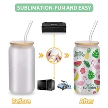 1入組熱昇華玻璃帶竹蓋，16盎司磨砂玻璃帶蓋和吸管，熱昇華啤酒罐玻璃，冰咖啡蘇打飲料啤酒熱昇華杯 - 磨砂白 - 查看 8