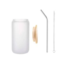 1入組熱昇華玻璃帶竹蓋，16盎司磨砂玻璃帶蓋和吸管，熱昇華啤酒罐玻璃，冰咖啡蘇打飲料啤酒熱昇華杯 - 磨砂白 - 查看 1