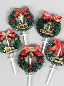 6pcs Random Color Cake Topper Set For Christmas Party, Including Wreath, Leaves, Christmas Trees, Suitable For Birthday And Bakings - Multicolor - View 3
