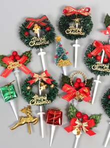 6pcs Random Color Cake Topper Set For Christmas Party, Including Wreath, Leaves, Christmas Trees, Suitable For Birthday And Bakings - Multicolor - View 1