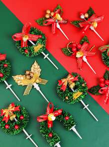 6pcs Random Color Cake Topper Set For Christmas Party, Including Wreath, Leaves, Christmas Trees, Suitable For Birthday And Bakings - Multicolor - View 2